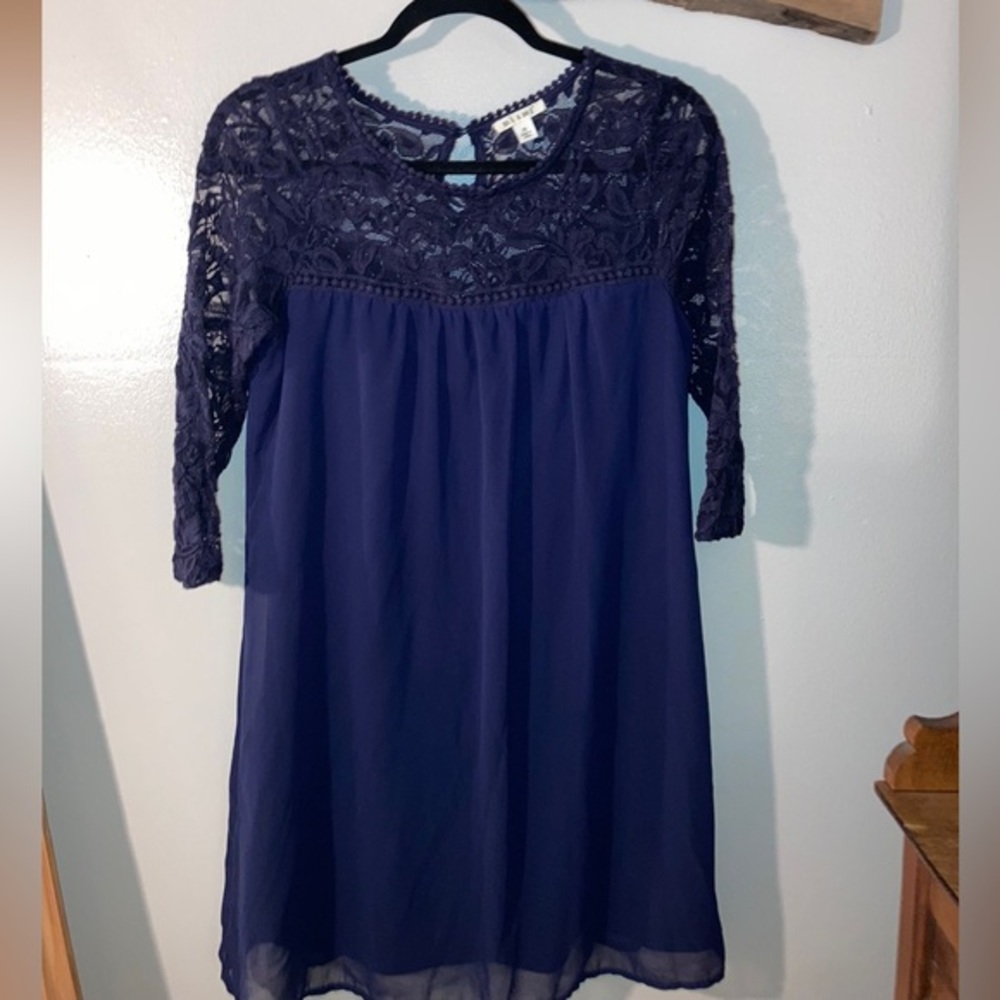 Navy Blue Chiffon & Lace Midi Dress - Miami